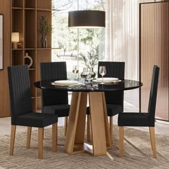 Sala de Jantar Estilo Red Vidro com 4 Cadeiras Nice Preto/Mel Mel/Preto