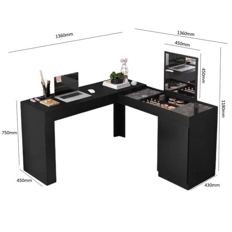 Escrivaninha Mesa Escritório Penteadeira de Canto com Espelho Star 1 Porta 136cm Preto Preto · foto 2