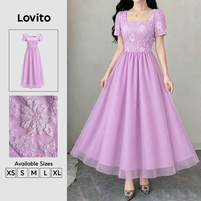 Lovito Vestido Longo Casual Roxo De Corte Evasê Com Decote Quadrado E Costura Em Jacquard Para Uso Diário Na Primavera/verão Feminina LR41E018