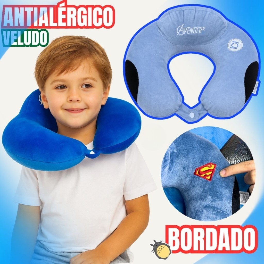 Almofada de Pescoço Infantil Super-Heróis – Bordada, Antialérgica e Enchimento em Fibra Premium