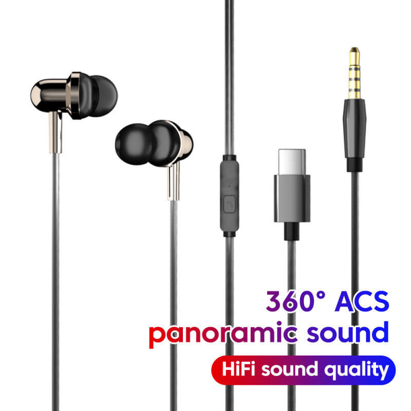 Fones de ouvido com fio Type-C e 3.5mm, HiFi, com microfone, esportivos, controle in-line, para iP 16.