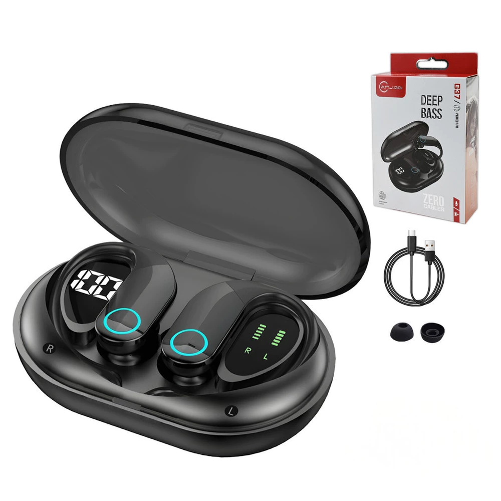 Fone Bluetooth Esportivo G37 com Gancho, Base de Carga LED, Grave Potente e Toque Inteligente jehnny