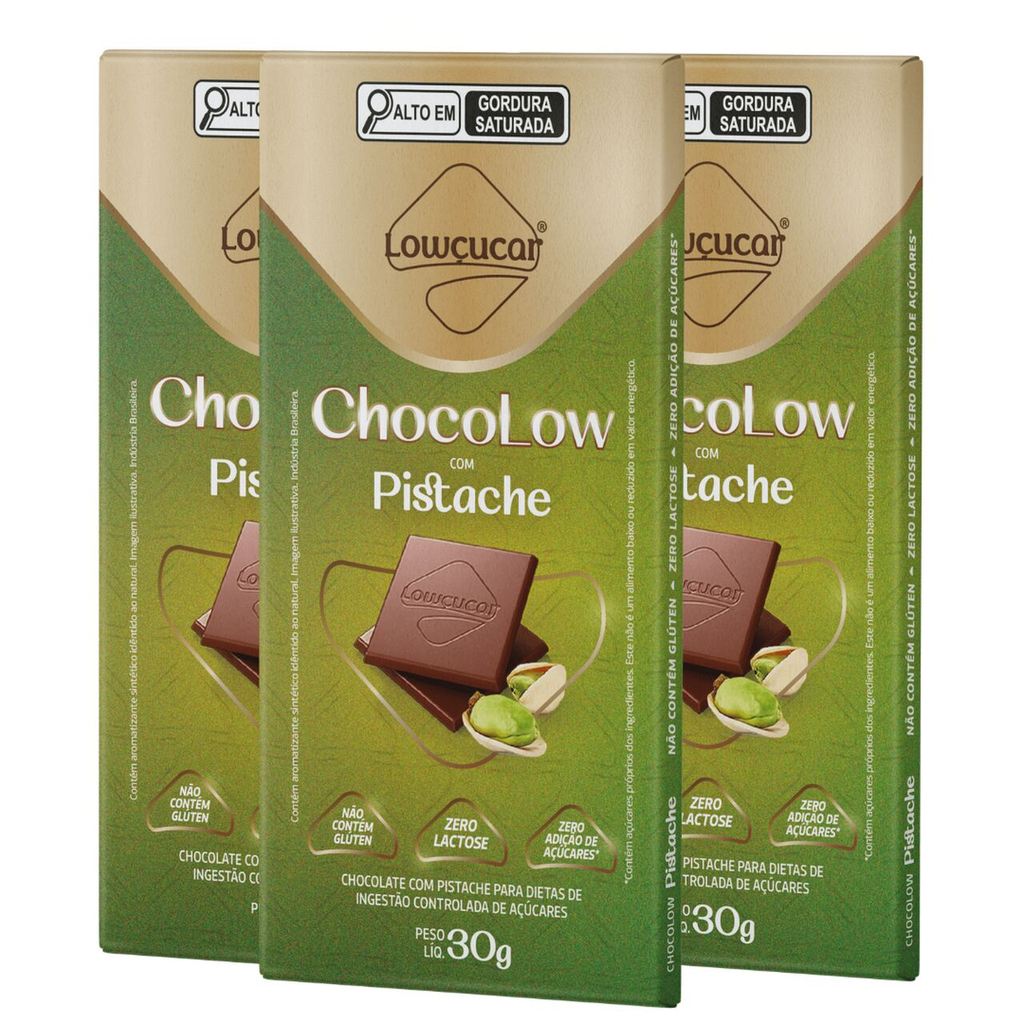 Kit 3 Unds de Chocolate Lowçucar Chocolow com Pistache Zero Lactose Zero Açúcares Rica em Fibras 30g em Oferta na Shopee