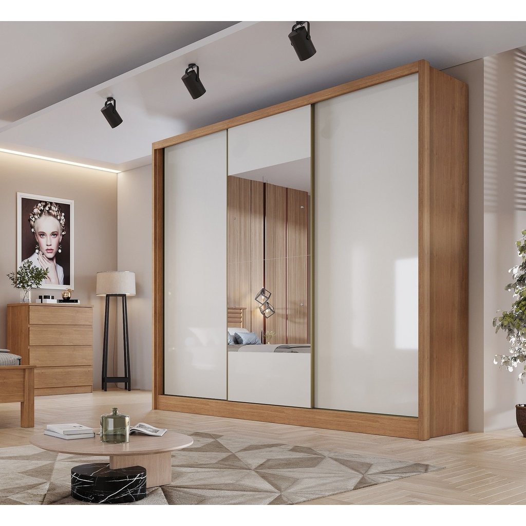 Guarda Roupa Casal em MDF com Espelho 3 Portas 6 Gavetas Montreal  Cumaru Fendi em Oferta na Shopee