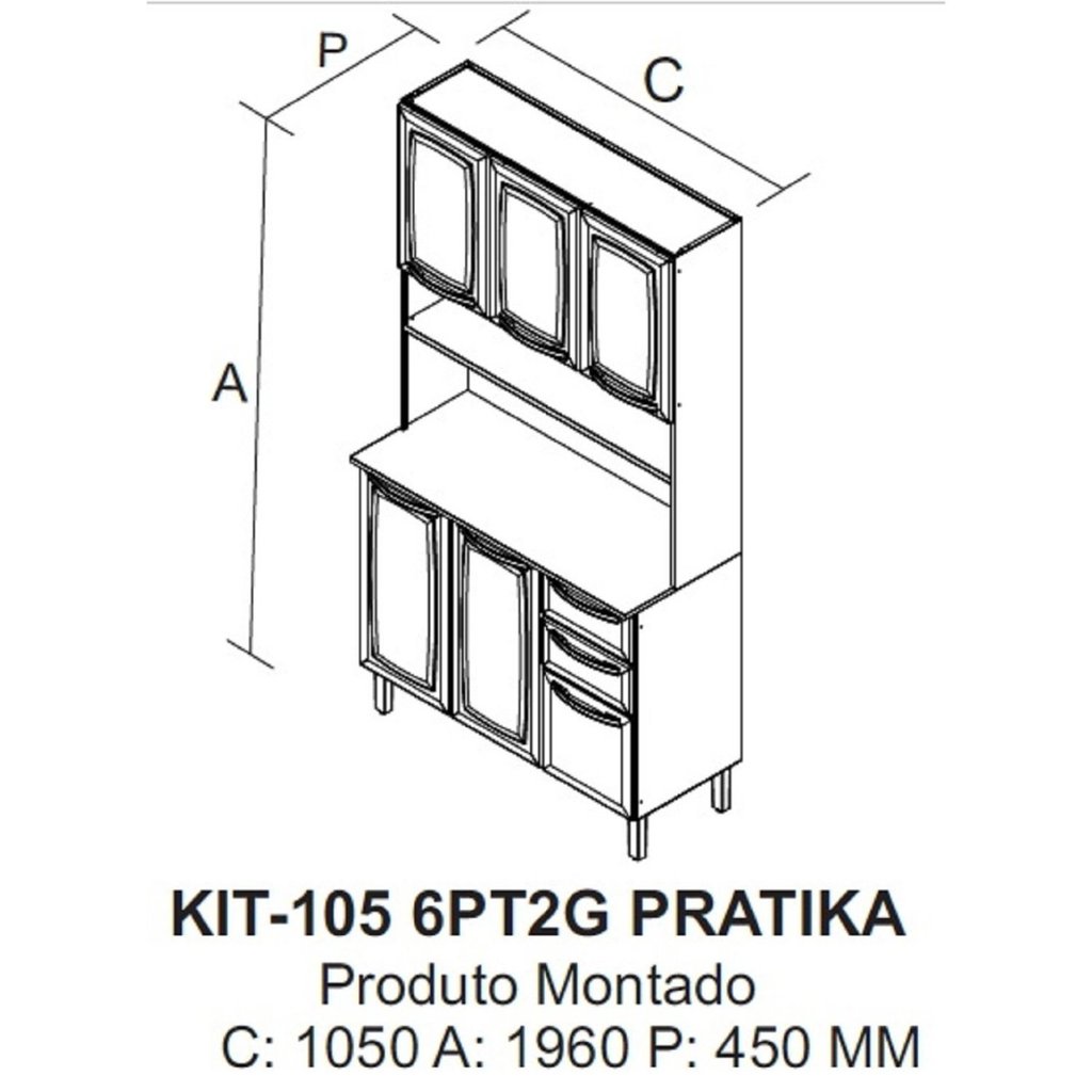 Detalhes do Cozinha Compacta em Aço 105cm 6 Portas 2 Gavetas Pratika Itatiaia Branco/Preto