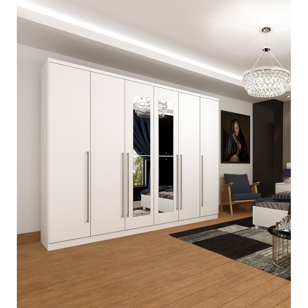 Guarda-Roupa Casal com Espelho 6 Portas 8 Gavetas 270cm Sevilla Neve
