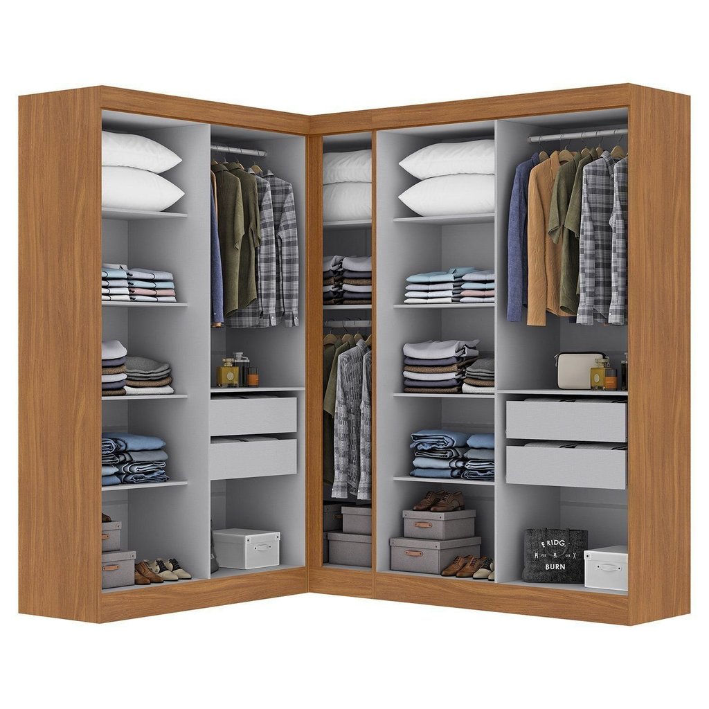 Detalhes do Guarda-roupa Modulado de Canto 9 Portas e 4 Gavetas Paris Cinamomo/Off White
