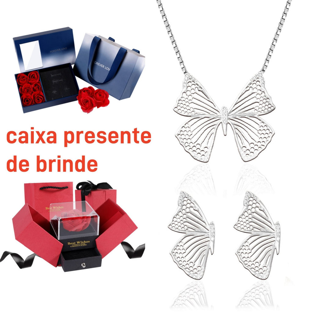 Kit Conjunto Fino Borboleta Prata 925 (Brincos + Colar) Com Zircônia - Presente Perfeito em Oferta na Shopee