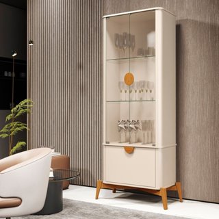 Cristaleira Curva com Puxador e Pés em Madeira Maciça Off White/Nature em Oferta na Shopee