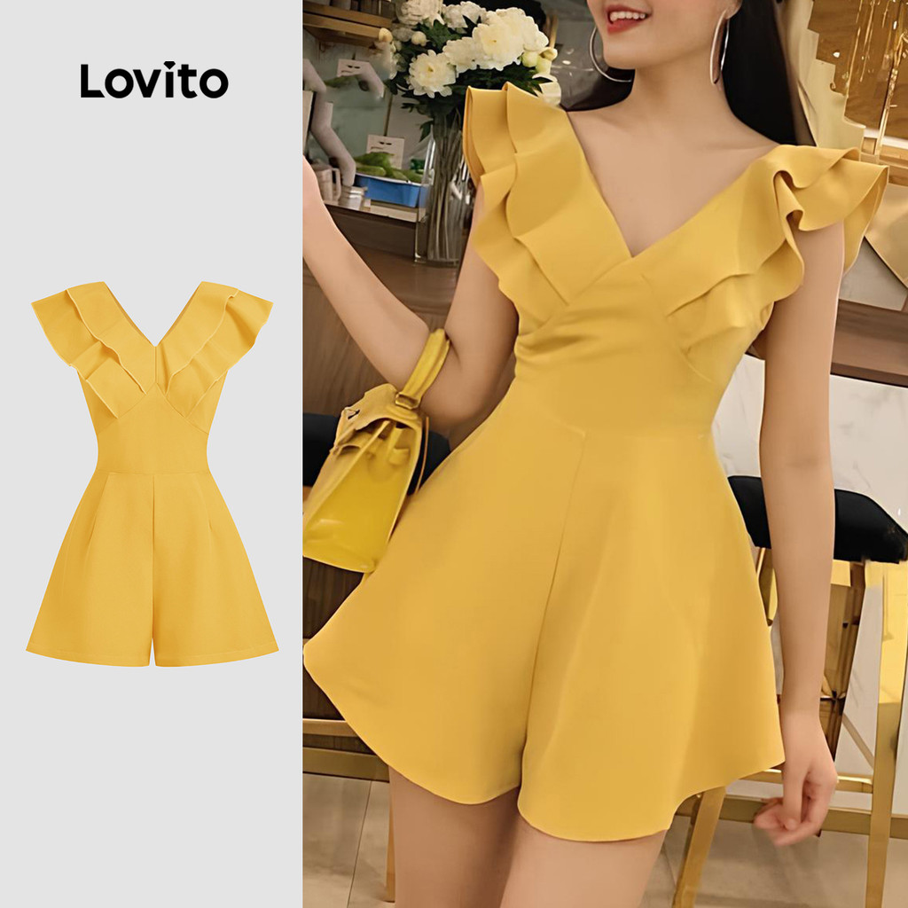 Lovito Macacão Casual com Babados Primavera/verão Amarelo para mulheres L154LD228 em Oferta na Shopee