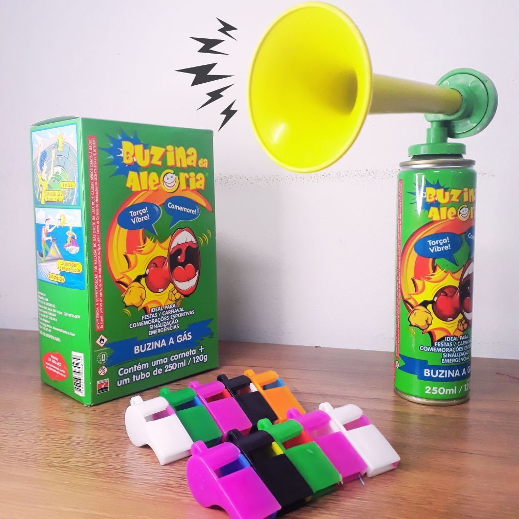 Kit Festa com 2 Buzinas a Gás 215ml + 10 Apitos Coloridos – Alegria Garantida!