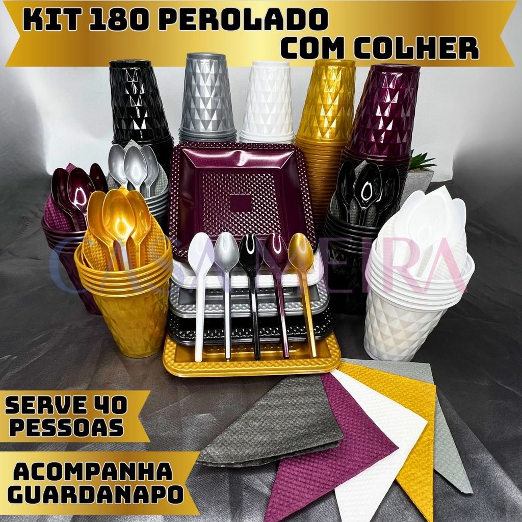 Kit 180 Itens P/ 40 Pessoas Festa Aniversário Completo Perolado Descartável Luxo Pratinho Copo Colher Guardanapo