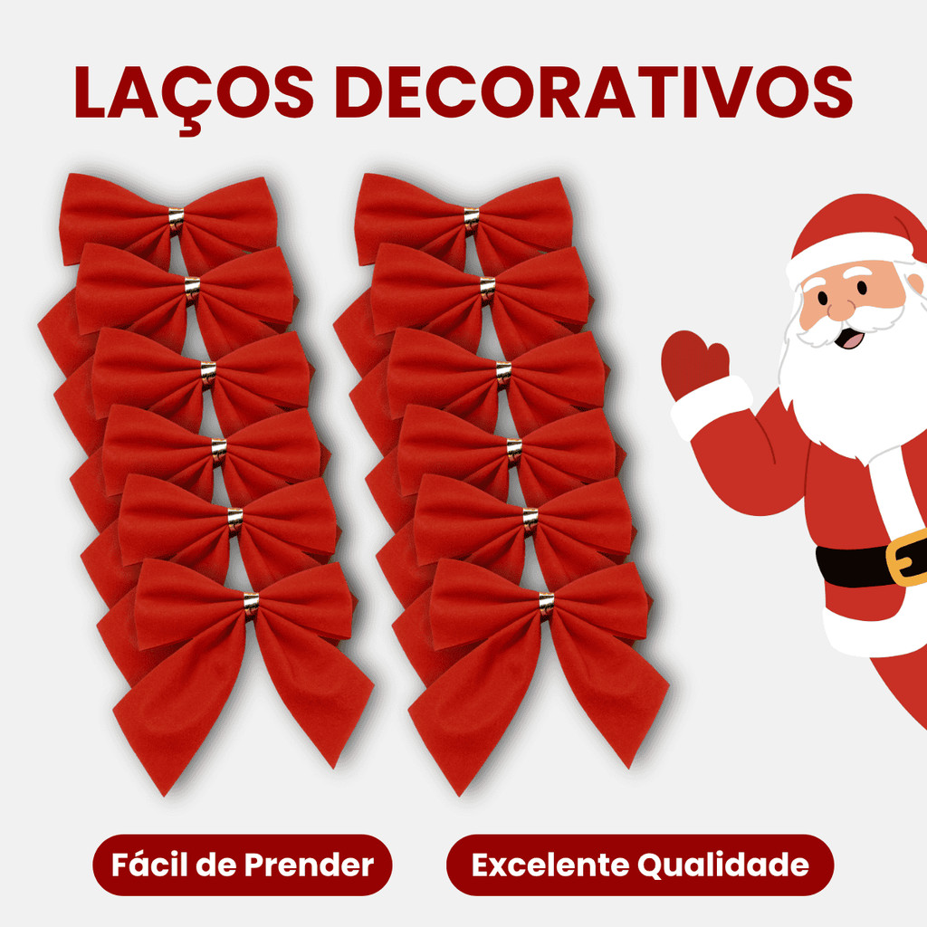 Kit 12/24 Peças Enfeite Natal Laço Vermelho Camurça 5cm - Decoração Festiva Luxuosa para Natal