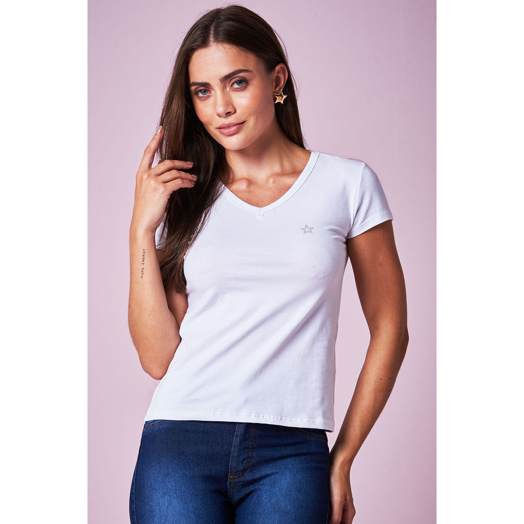 Blusa Feminina Decote v Planet Girls Branco