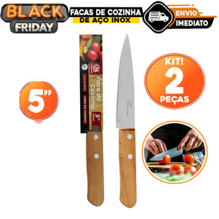 Kit 2 peças Faca de Cozinha Aço Inox Cabo de Madeira 5´´ Carne Salada Legumes Churrasco em Oferta na Shopee