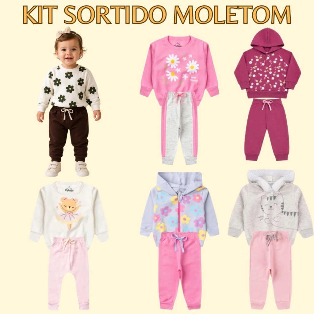 KIT 3 CONJUNTO INFANTIL MOLETOM 2 CASACO 2 CALÇA MENINA 6 PEÇAS