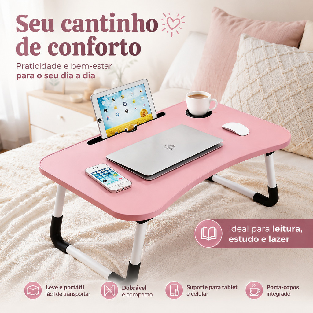 Mesa Dobrável para Cama Portátil Rosa com Porta Copo Suporte Tablet Estudo Home Office Quarto