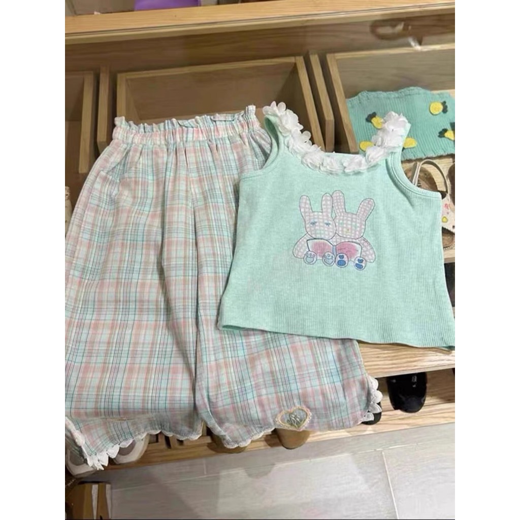 Meninas terno 2024 verão novos produtos crianças versão coreana dos desenhos animados impresso 3D flor colarinho camisol
