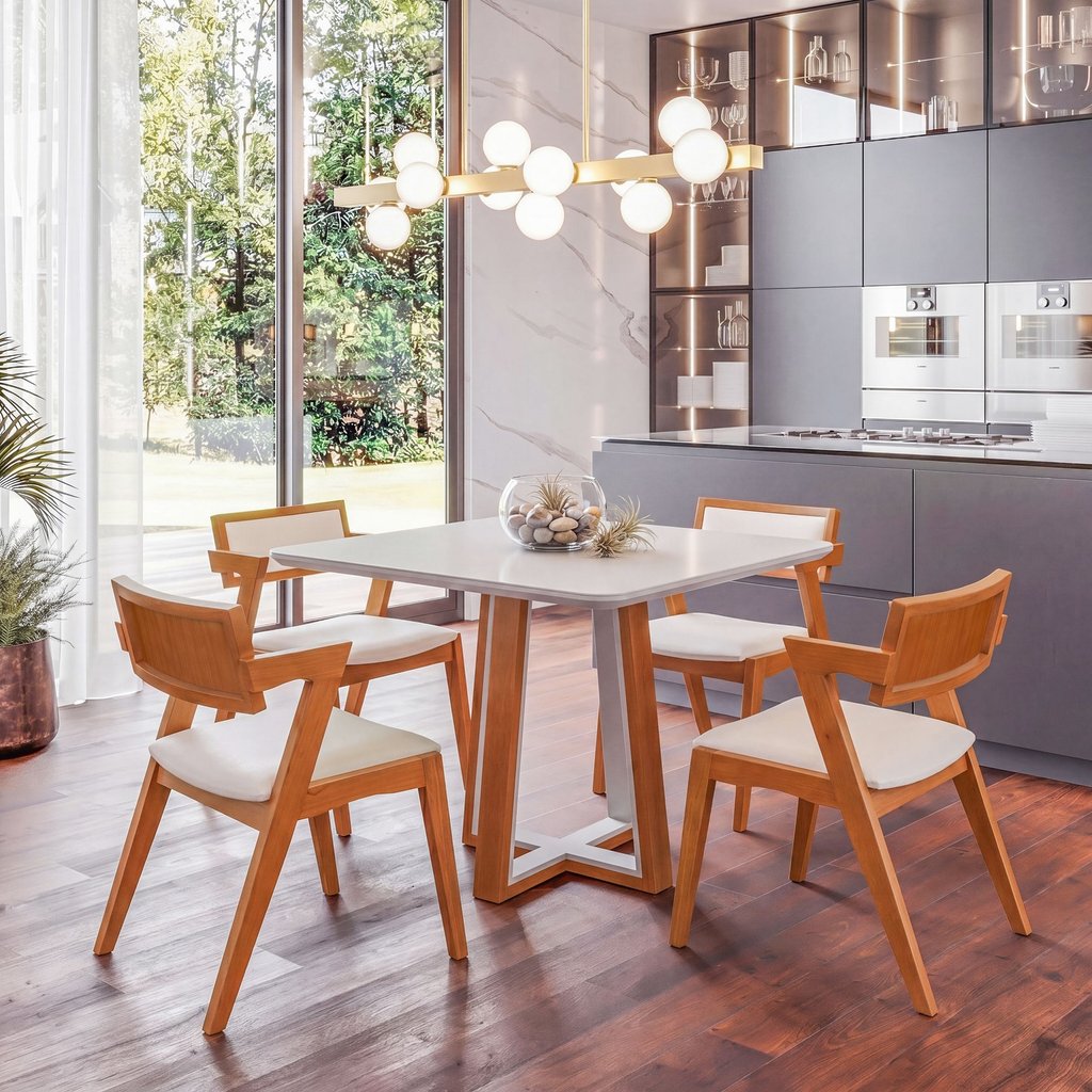 Conjunto Sala de Jantar Mesa 4 Cadeiras Vidro Madeira Maciça MDF Authentic Champagnhe/Off White