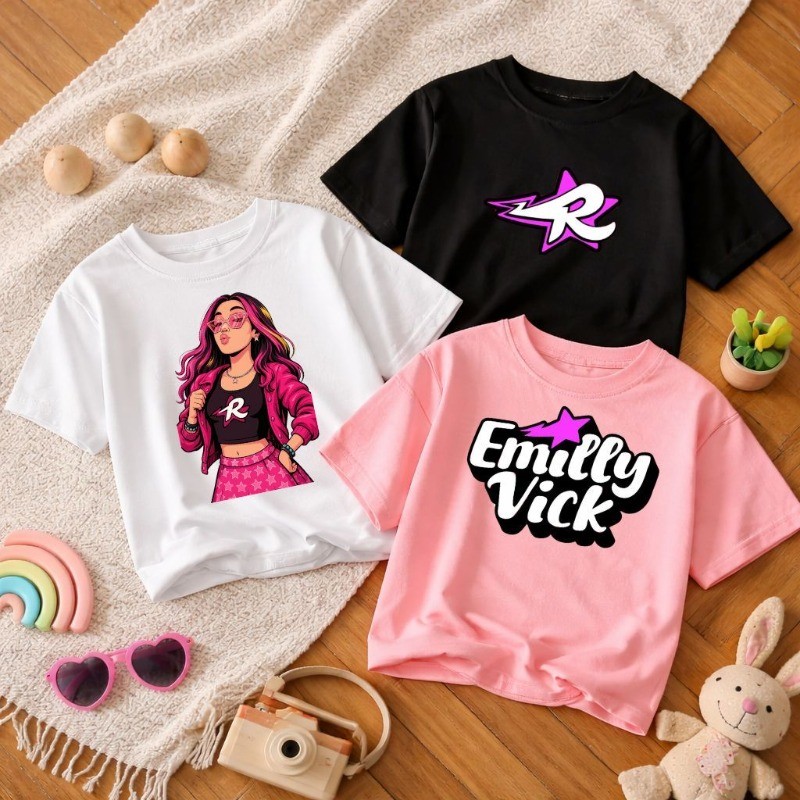 Kit 3 Camisetas Infantil Menina em 100% Algodão Premium Estampada Emilly Vick Casual