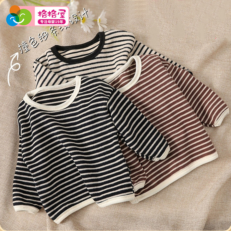 Crianças camiseta de manga comprida primavera novo estilo estilo ocidental listrado em torno do pescoço camisa de fundo 