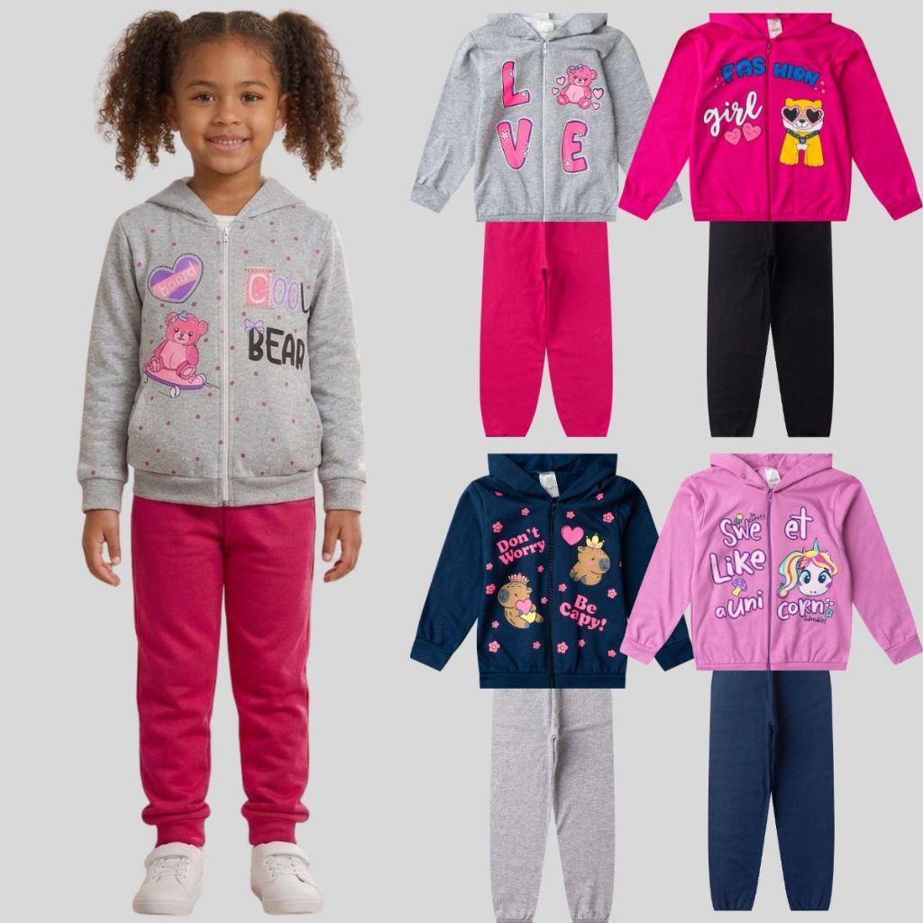 conjunto Infantil Menina Moletom Inverno Conjunto Capuz Zíper Barato Frio Quentinho