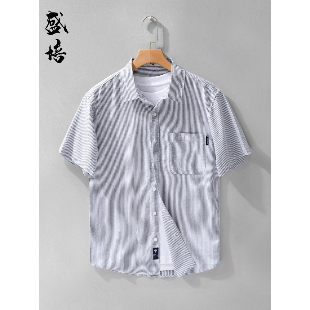 Camisa listrada de manga curta masculina jovem roupas superiores na moda Street Wear estilo Hong Kong estilo literário c