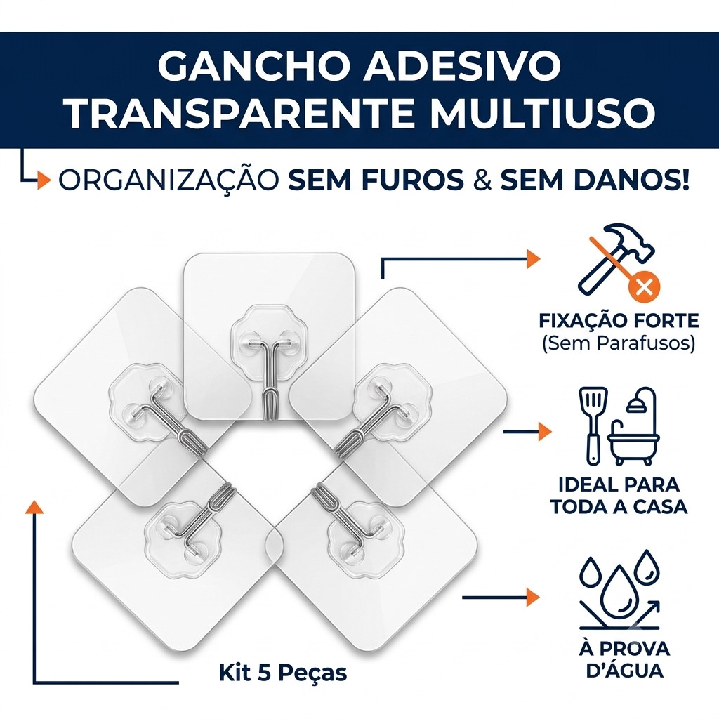 5pçs Gancho parede Transparentes Autoadesivos Fortes Para Utensílios De Cozinha E Banheiro