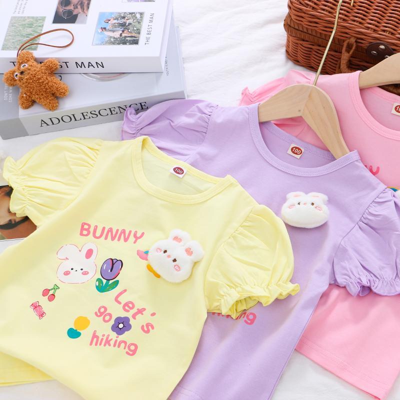 Meninas puro algodão tridimensional dos desenhos animados Puff manga curta camiseta 25 verão novo estilo crianças menina