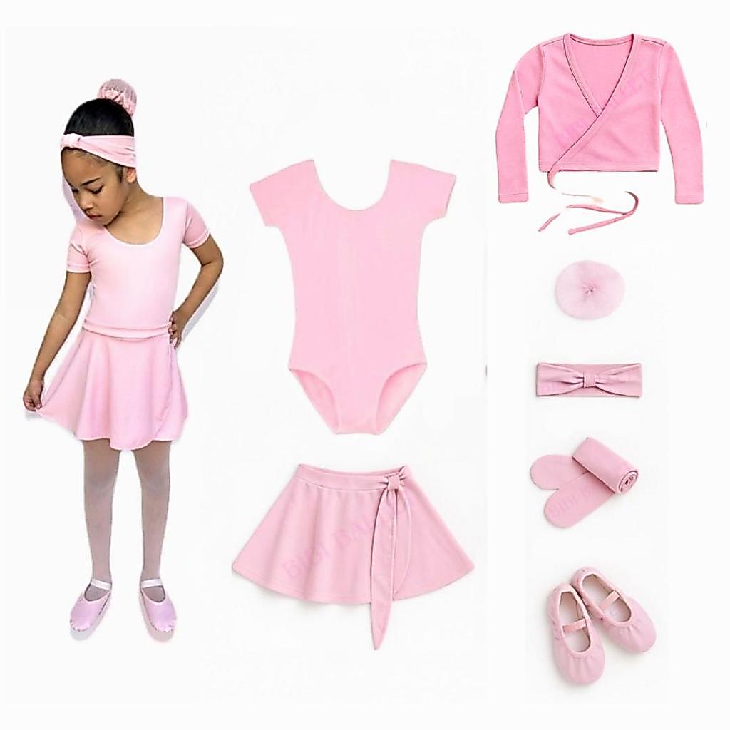 Kit Ballet Infantil e Juvenil - 7 itens/  *COM CASACO* - (Saia de Transpassar e Collant Com Manga) - ROSA