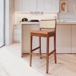 Kit 2 Banquetas com Encosto e Apoio para Pés Tiê CabeCasa MadeiraOriginals Amêndoa/Couro Caramelo