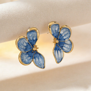 Brincos vintage de flor de begônia azul esmaltada, muito vendidos, com design simples e sofisticado, adequados para a pr