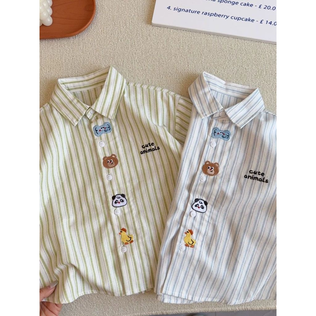 Crianças camisa listrada primavera outono estilo meninos dos desenhos animados bordado estilo ocidental solto camisa Cas