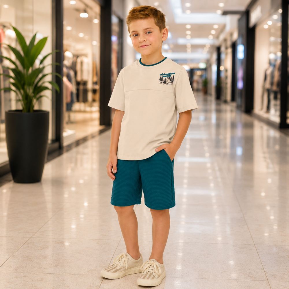 Conjunto Infantil Menino Angerô Camiseta Algodão c/ Estampa nas Costas e Bermudas Moletinho