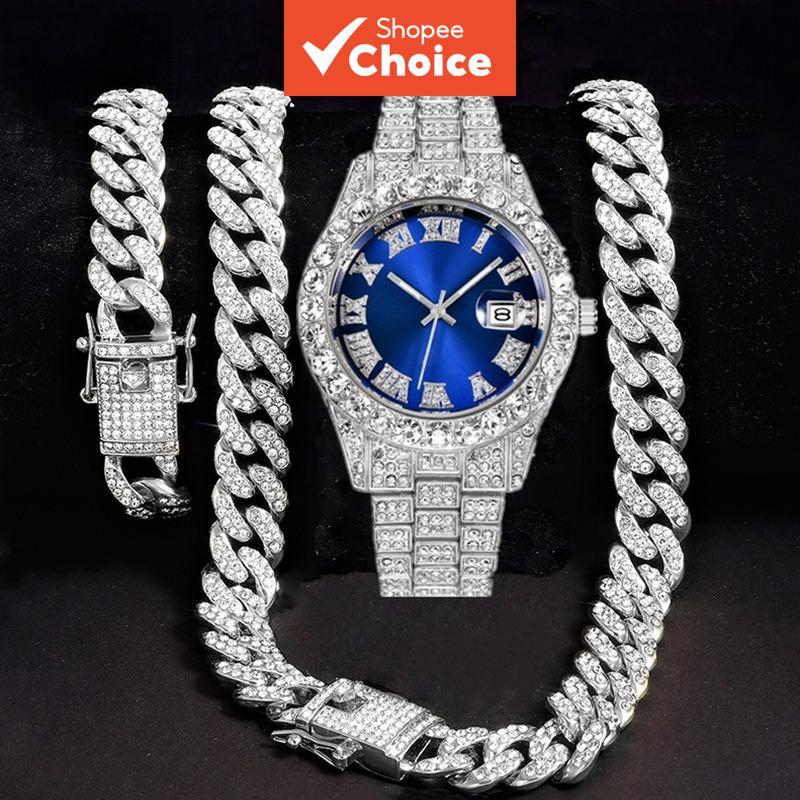 Relógio de pulso de quartzo de luxo masculino cravejado de diamantes, conjunto de joias com corrente cubana, pulseira e
