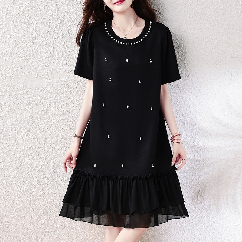Olhos grandes [Roupas femininas grandes] Vestido de manga curta - Verão Plus Size Roupas femininas com contas francesas