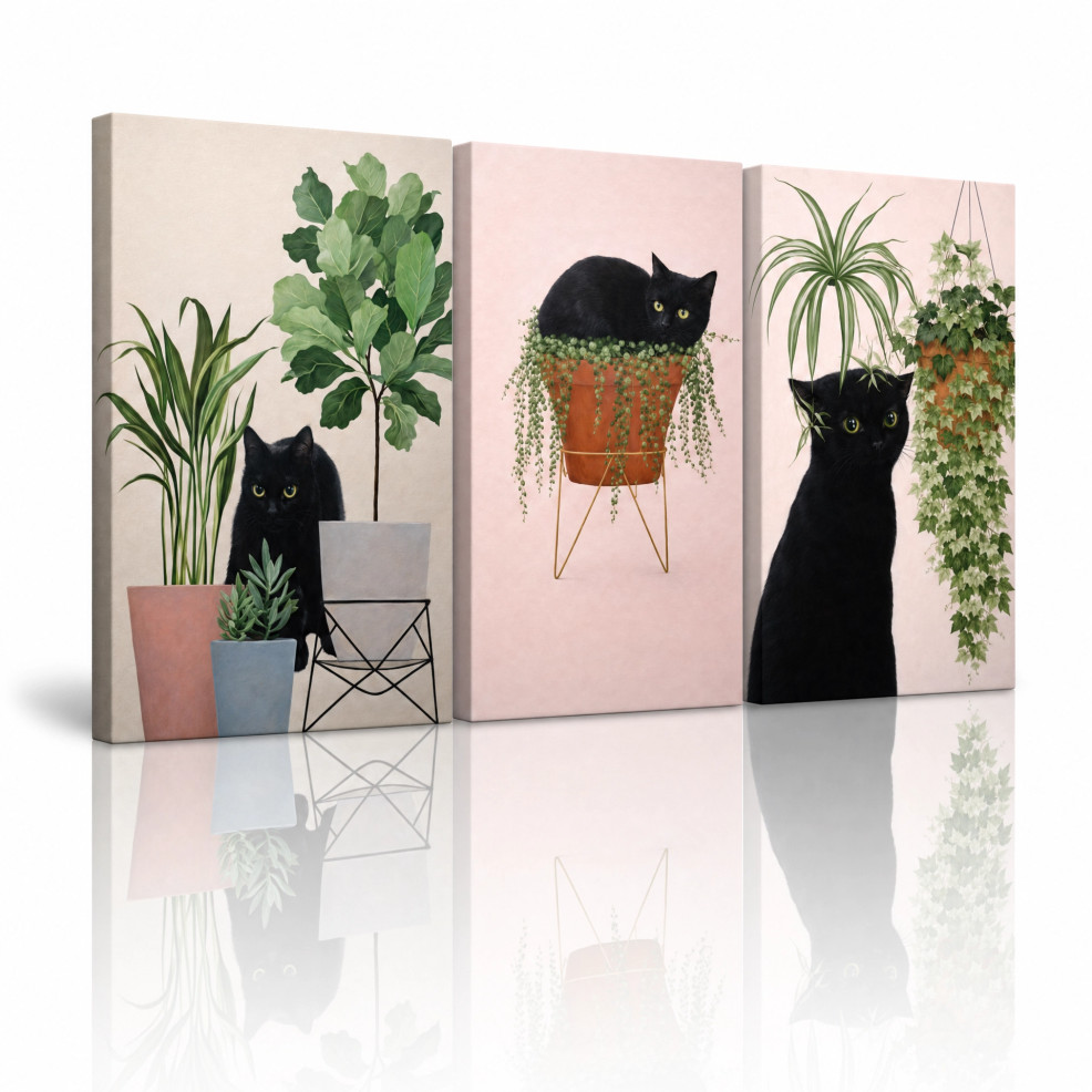 Kit 3 Quadros Decorativos Gato Preto Plantas Urban Jungle Botânico Decoração Moderna Sala Quarto MDF