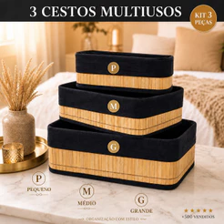 Kit Cesto Organizador de Bambu com Forro Preto P/M/G - Já Montado - Decoração