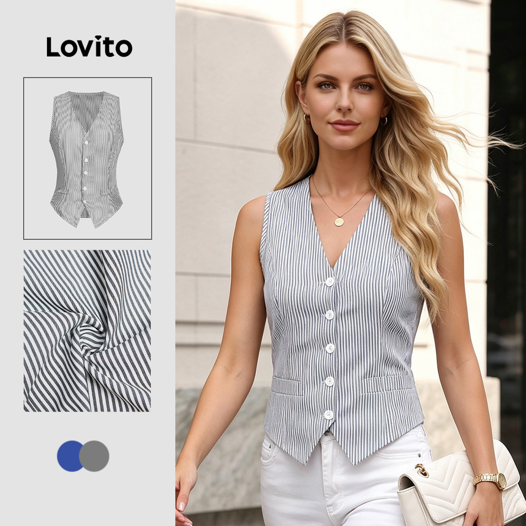 Lovito Elegante Blusa com Botões Na Frente para Primavera/verão Azul para mulheres LBL28236