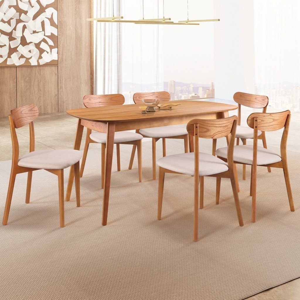 Conjunto Sala de Jantar Mesa 160x80cm Tampo em MDF Laminado 6 Cadeiras Ceci Yescasa Marrom/Off White Natural/Off White