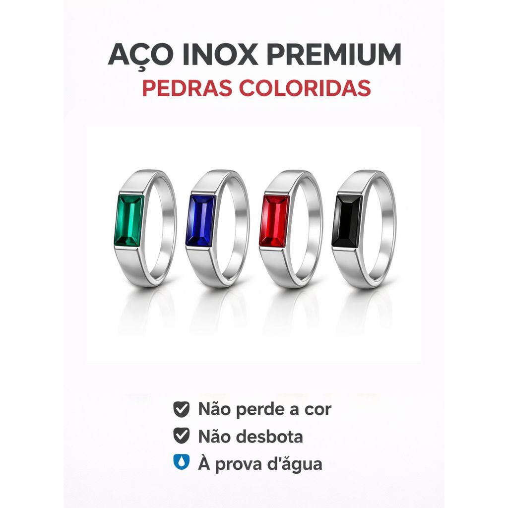 Anel Flat Pedra Preto Verde Azul Vermelho Aço Inox Prata