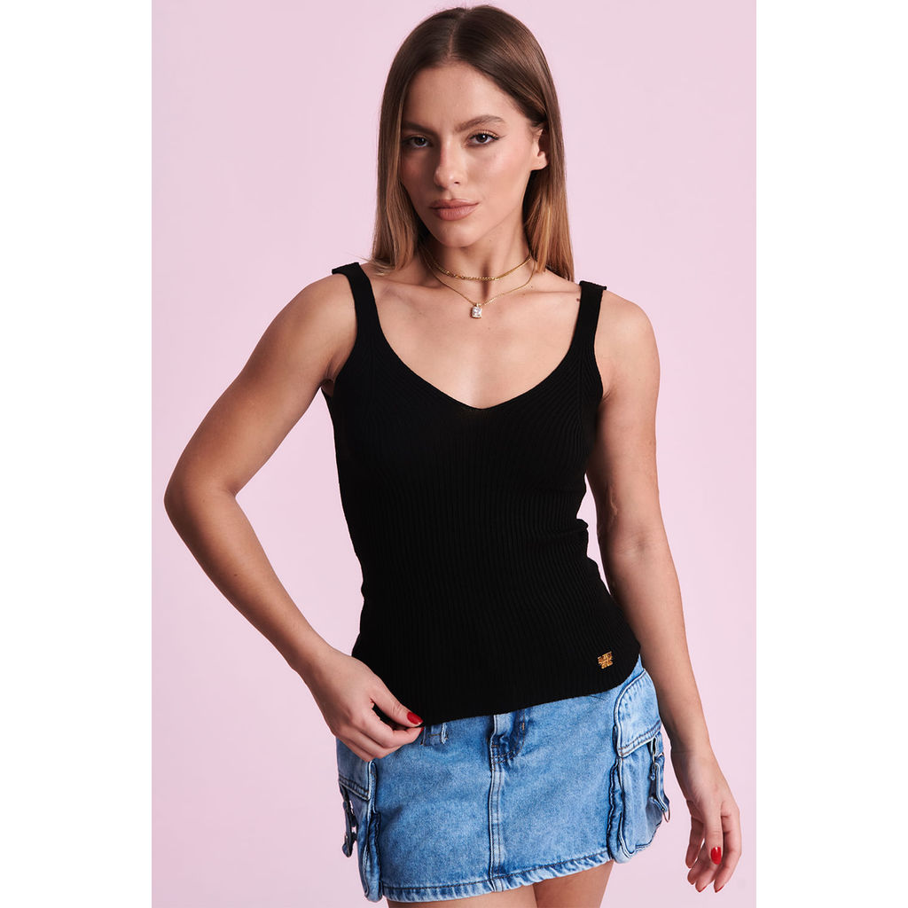 Regata Tricot Feminina Decote v Planet Girls Preto