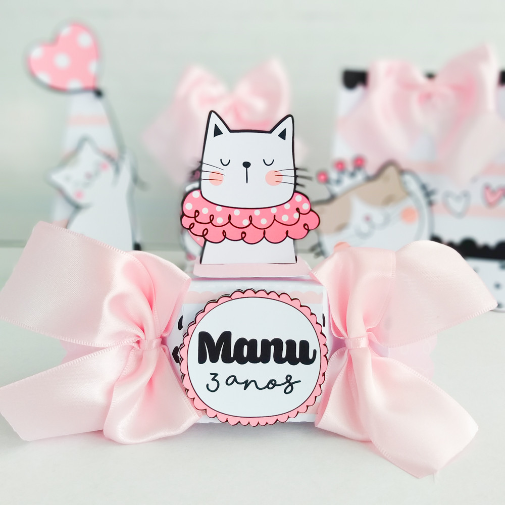Caixa Bala  Festa GATINHA Lembrancinha  Infantil | Kit 5 10 15 20 25 . Lembrancinha Personalizada Pegue e Monte