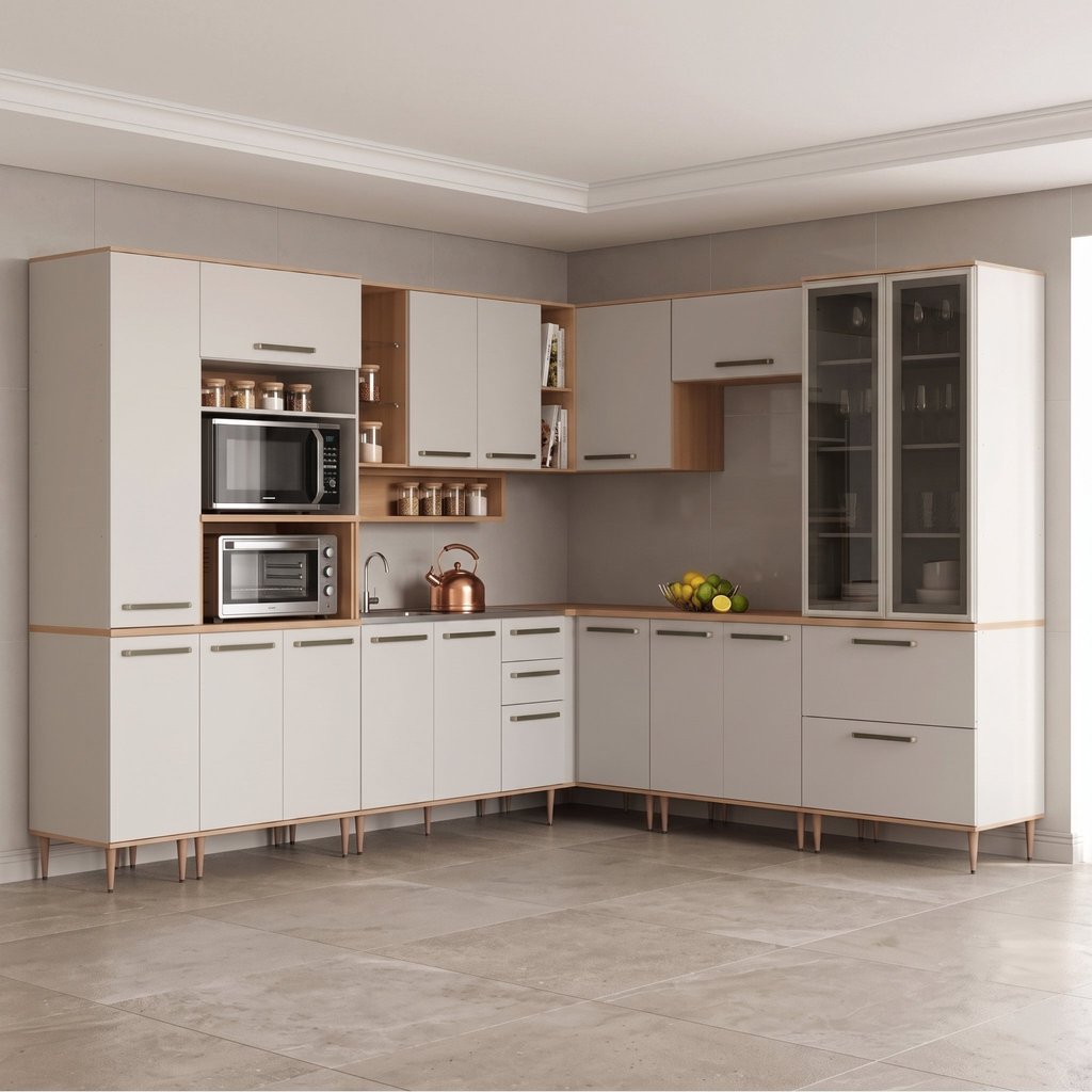 Cozinha Modulada Completa 10 Peças Isabelle com Paneleiro Torre Quente e Cristaleira Freijó/Arenas Bege Freijó/Arenas