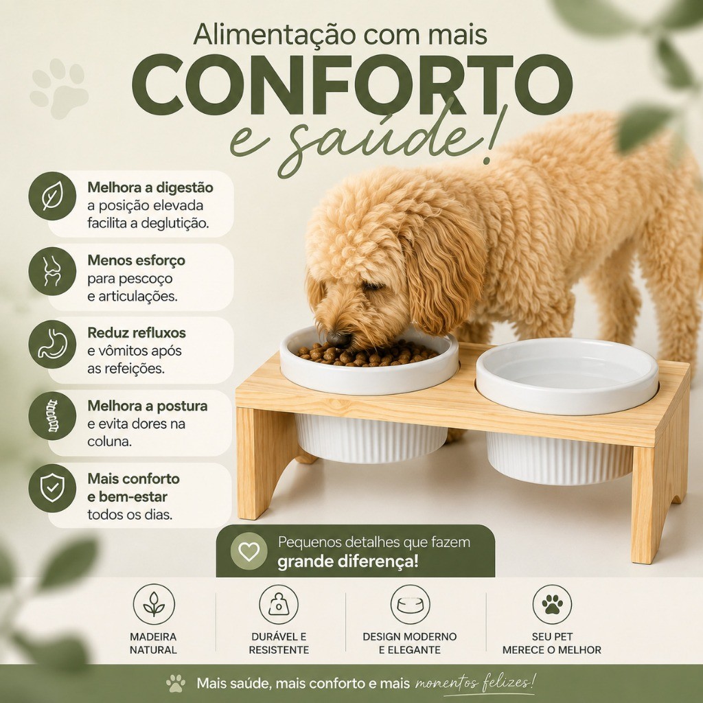 Comedouro Elevado Duplo Pet Madeira 2 Potes Cerâmica 210ml Cães e Gatos