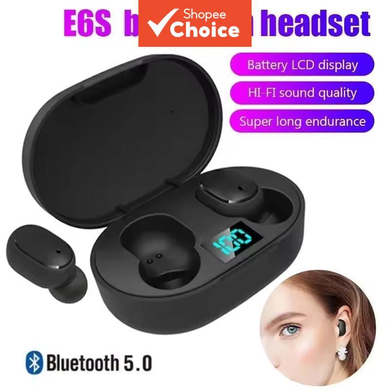  Fones de Ouvido Bluetooth Sem Fio E6S TWS com Microfone, Visor LED, Estéreo, Cancelamento de Ruído, Fone com Cabo de