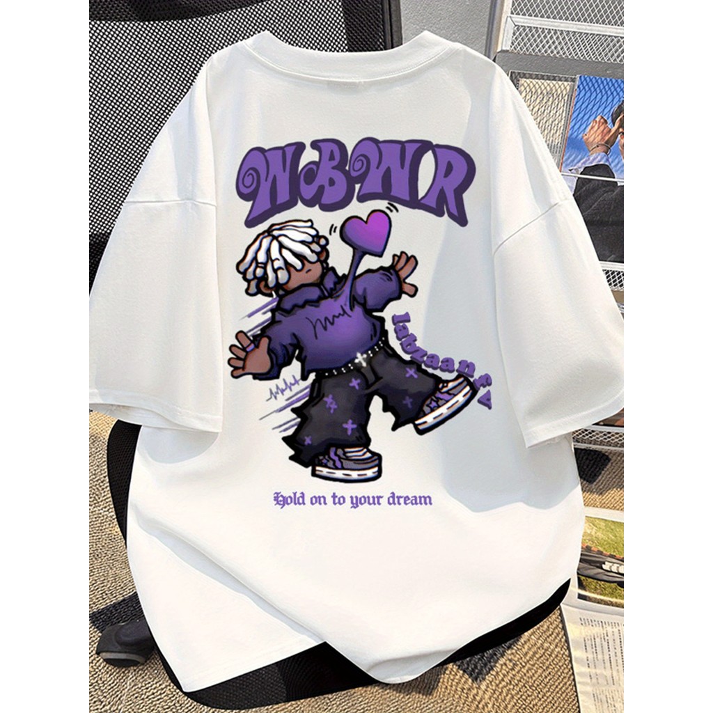 Camiseta Masculina 100% Algodão Streetwear Estampa Purple Boy 'Hold On To Your Dream' Unissex Moda Urbana Trap Y2K