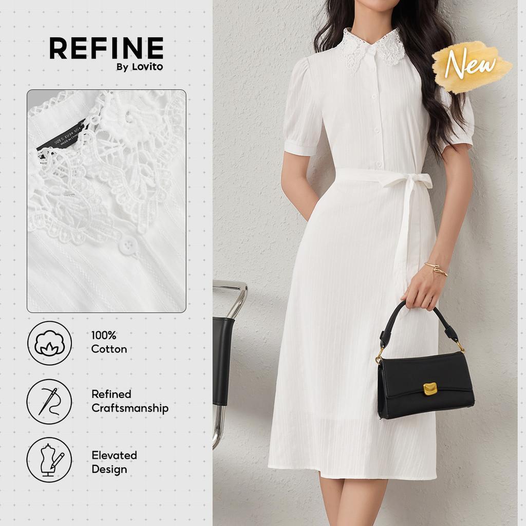 (New Arrival) (Refine by Lovito) Vestido Social Algodão Bordado Jacquard Cinto Dupla Camada Branco Feminino DRR42P1D026