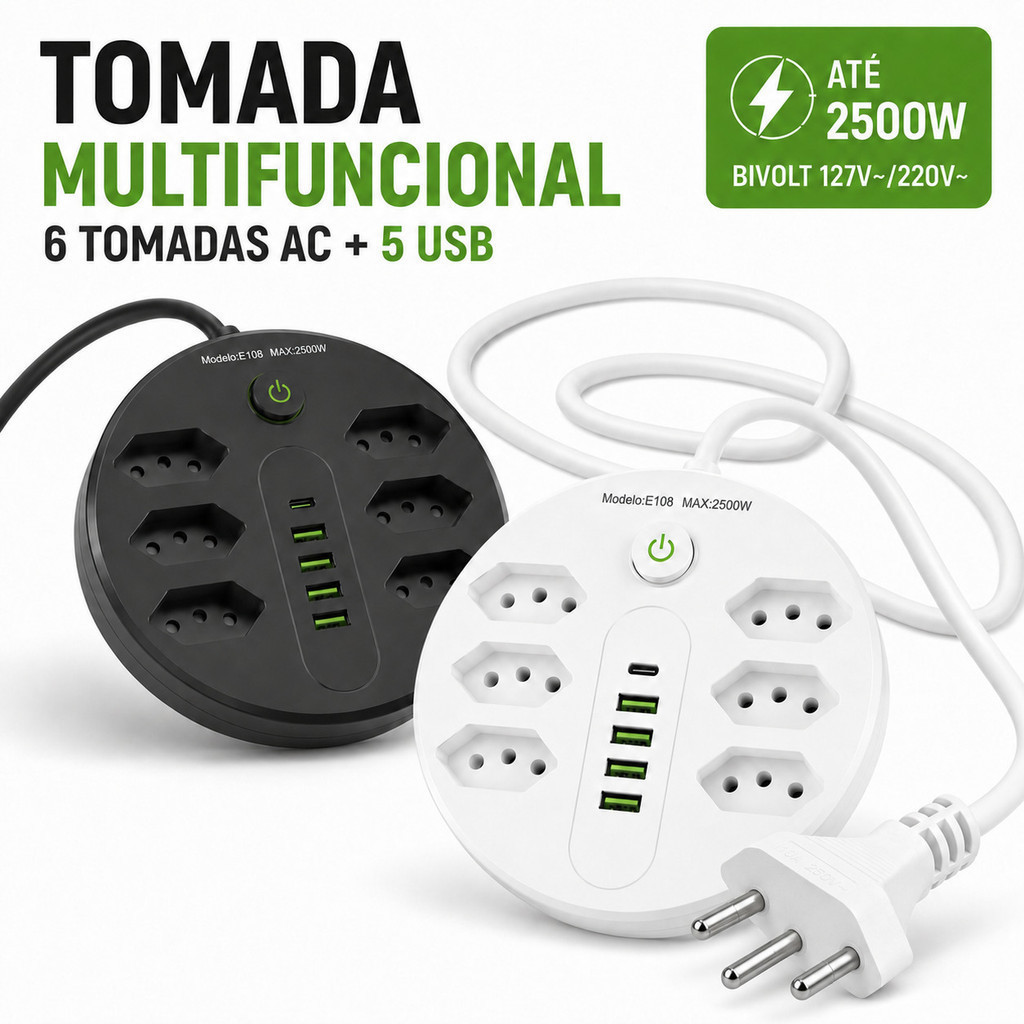 Extensão Tomadas com USB e TypeC Universal Bivolt 110v/220v 2500W Power 2m Filtro De Linha Segurança