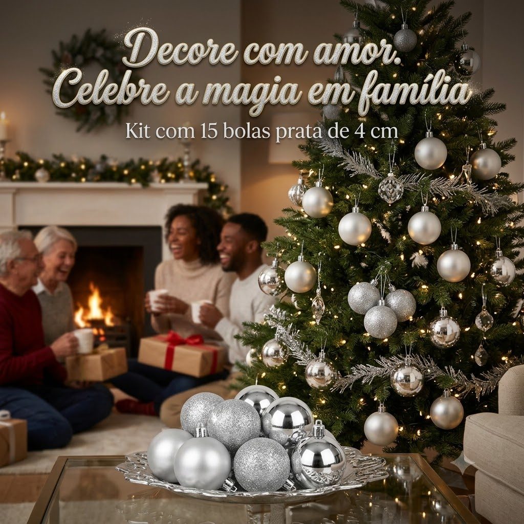 Kit 15 Bolas de Natal Prata 4cm Fosca Glitter e Brilho Espelhado Enfeite Árvore Decoração Casa Primo